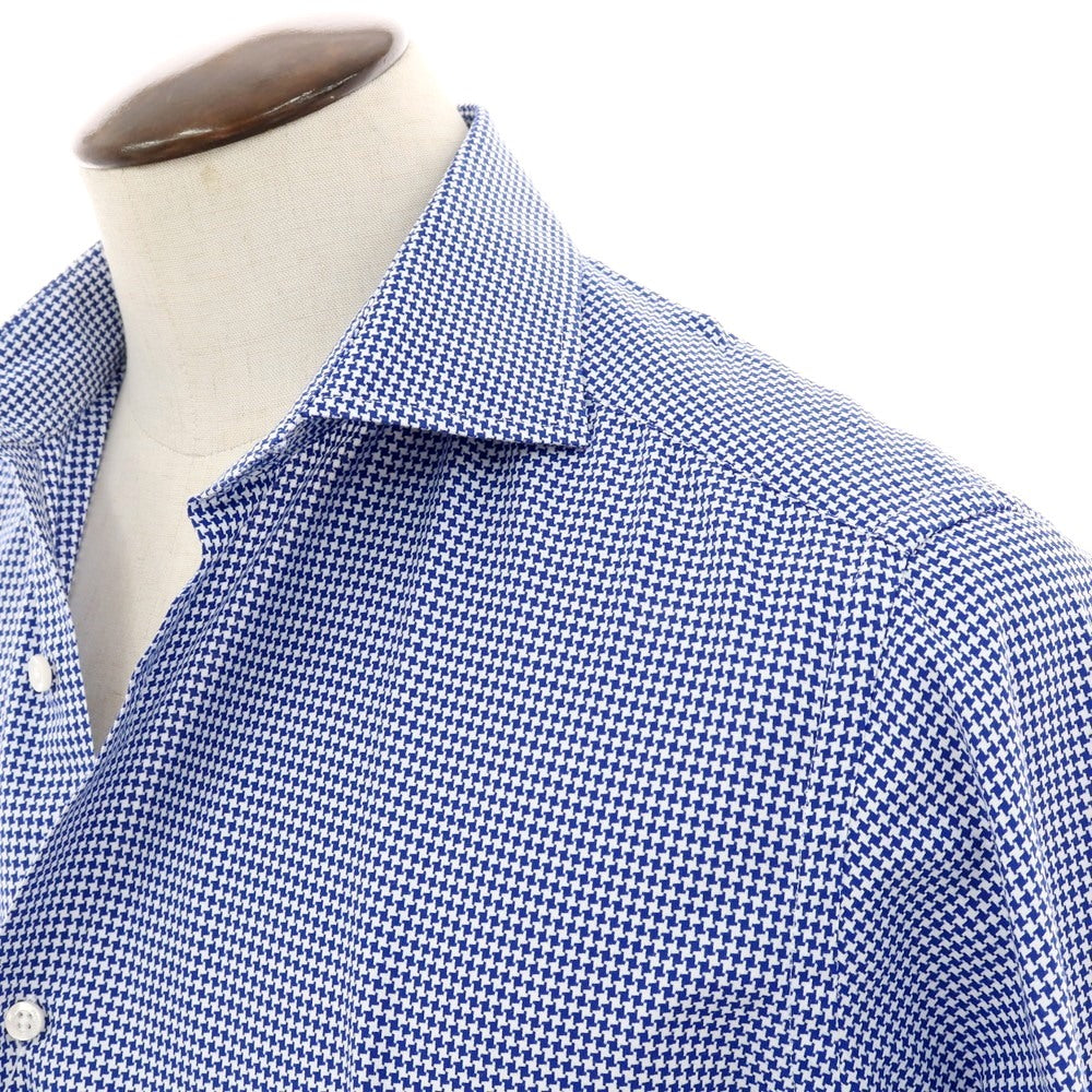 【中古】レコパン Les Copains コットン ハウンドトゥース ワイドカラー カジュアルシャツ ブルーxホワイト【 41 】【 状態ランクB 】【 メンズ 】