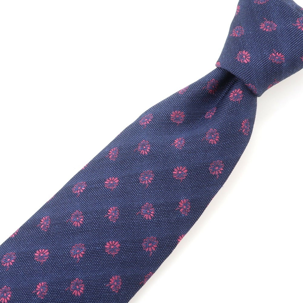 【中古】【未使用】エリコフォルミコラ ERRICO FORMICOLA リネンシルク 花小紋柄ネクタイ ネイビーxピンク【 状態ランクS 】【 メンズ 】
