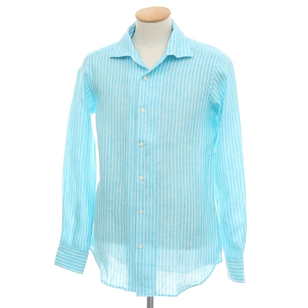 【新品】バグッタ Bagutta リネン ストライプ イタリアンカラー カジュアルシャツ ライトブルーxホワイト【サイズ38】【 状態ランクN 】【 メンズ 】