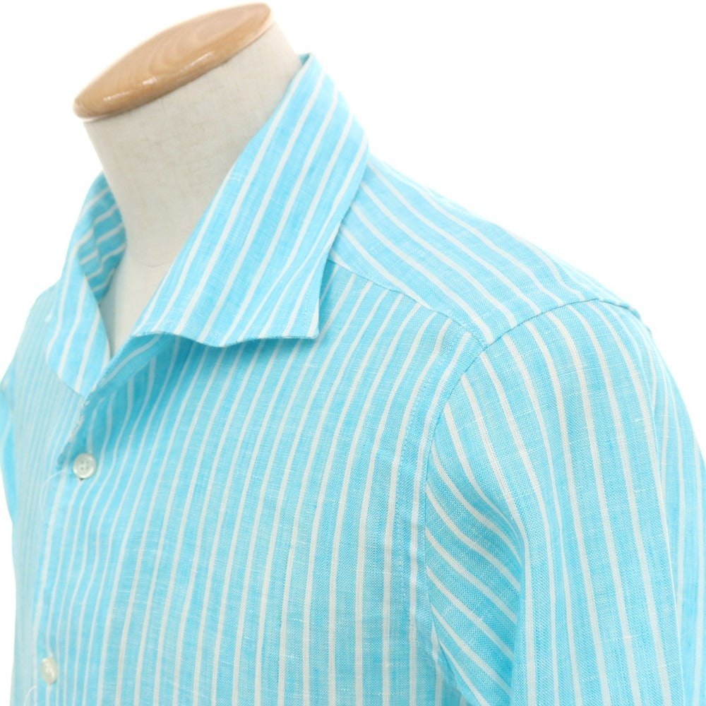 【新品】バグッタ Bagutta リネン ストライプ イタリアンカラー カジュアルシャツ ライトブルーxホワイト【サイズ38】【 状態ランクN 】【 メンズ 】