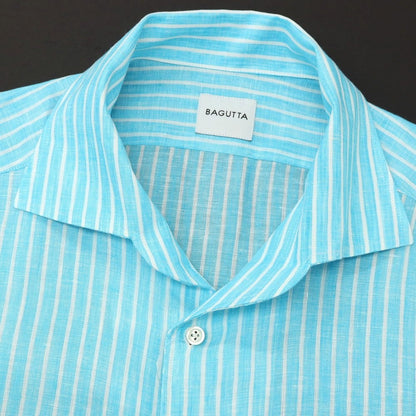 【新品】バグッタ Bagutta リネン ストライプ イタリアンカラー カジュアルシャツ ライトブルーxホワイト【サイズ42】【 状態ランクN 】【 メンズ 】