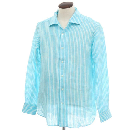 【新品】バグッタ Bagutta リネン ストライプ イタリアンカラー カジュアルシャツ ライトブルーxホワイト【サイズ43】【 状態ランクN 】【 メンズ 】