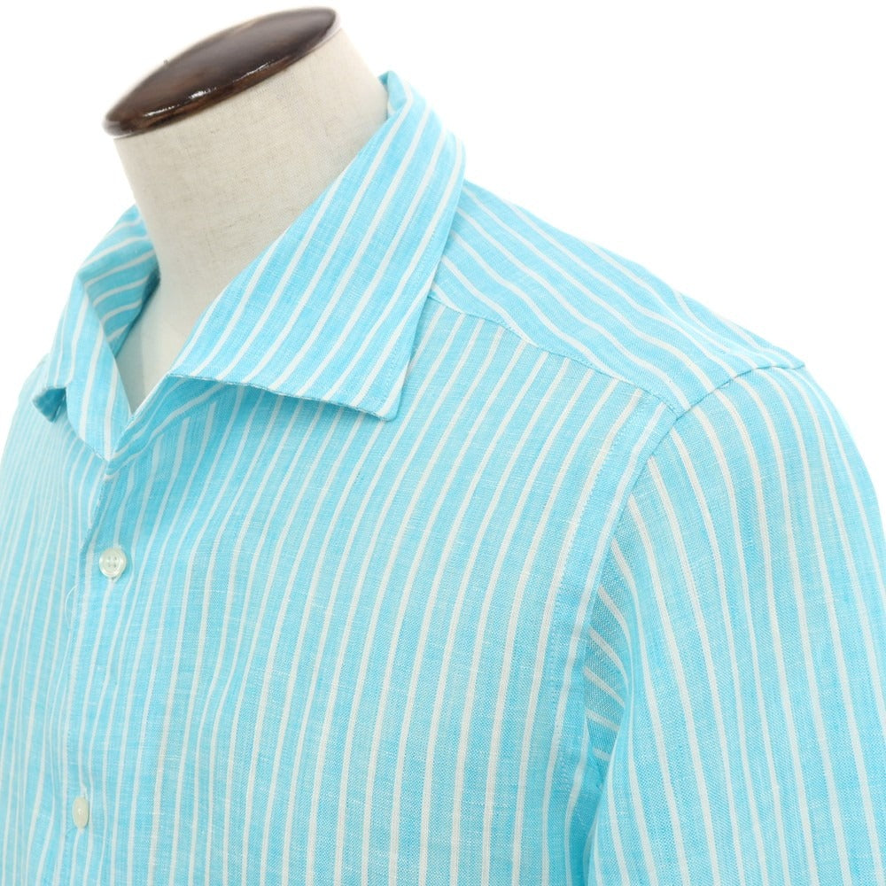 【新品】バグッタ Bagutta リネン ストライプ イタリアンカラー カジュアルシャツ ライトブルーxホワイト【サイズ43】【 状態ランクN 】【 メンズ 】