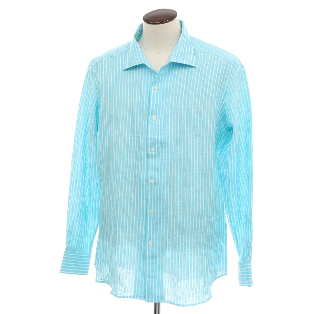 【新品アウトレット】バグッタ Bagutta リネン ストライプ イタリアンカラー カジュアルシャツ ライトブルーxホワイト【サイズ44】【 状態ランクN- 】【 メンズ 】