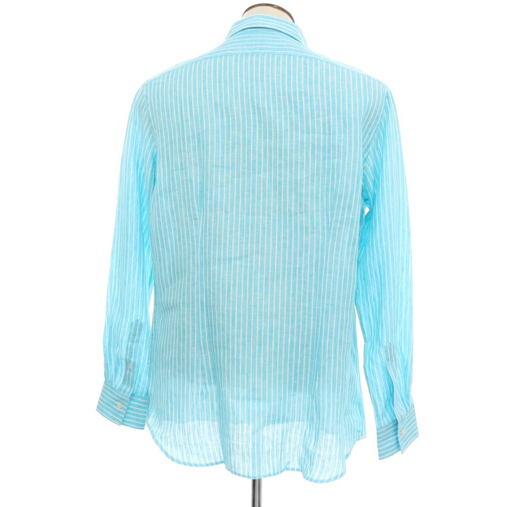 【新品アウトレット】バグッタ Bagutta リネン ストライプ イタリアンカラー カジュアルシャツ ライトブルーxホワイト【サイズ44】【 状態ランクN- 】【 メンズ 】