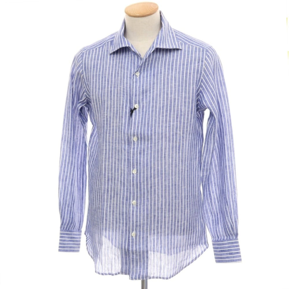 【新品】バグッタ Bagutta リネン ストライプ イタリアンカラー カジュアルシャツ ネイビーブルーxホワイト【サイズ38】【 状態ランクN 】【 メンズ 】