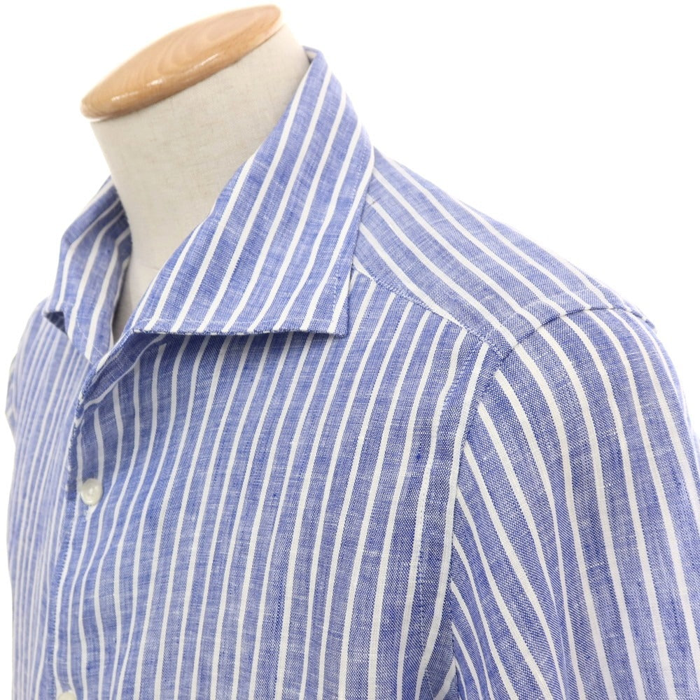 【新品】バグッタ Bagutta リネン ストライプ イタリアンカラー カジュアルシャツ ネイビーブルーxホワイト【サイズ38】【 状態ランクN 】【 メンズ 】