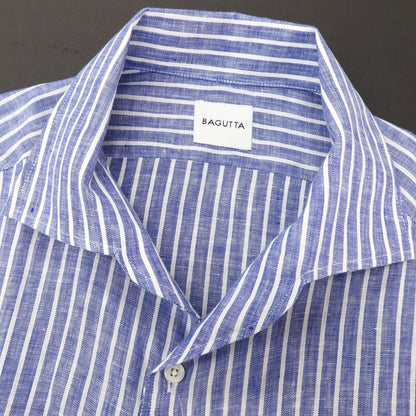 【新品】バグッタ Bagutta リネン ストライプ イタリアンカラー カジュアルシャツ ネイビーブルーxホワイト【サイズ43】【 状態ランクN 】【 メンズ 】