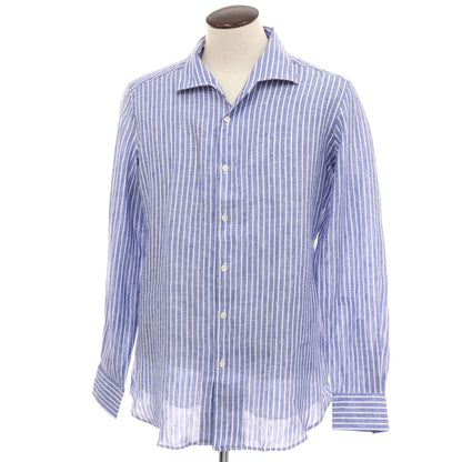 【新品】バグッタ Bagutta リネン ストライプ イタリアンカラー カジュアルシャツ ネイビーブルーxホワイト【サイズ44】【 状態ランクN 】【 メンズ 】