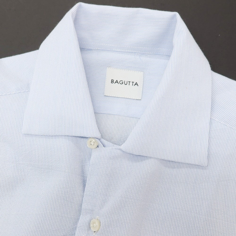 【新品アウトレット】バグッタ Bagutta MIKE サッカー調コットン ストライプ オープンカラー カジュアルシャツ ブルーxホワイト【サイズ39】【 状態ランクN- 】【 メンズ 】