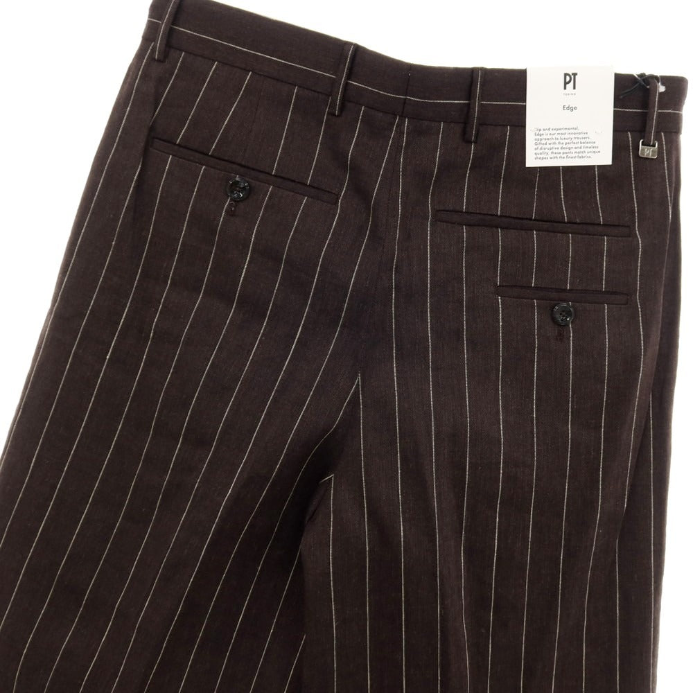 【新品】ピーティートリノ PT TORINO WIDE リネンコットン ストライプ カジュアルスラックスパンツ ブラウンxホワイト【サイズ46】【 状態ランクN 】【 メンズ 】