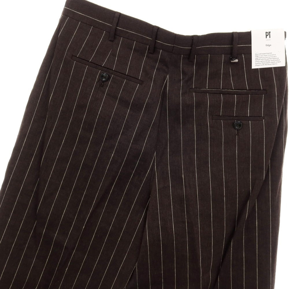 【新品】ピーティートリノ PT TORINO WIDE リネンコットン ストライプ カジュアルスラックスパンツ ブラウンxホワイト【サイズ50】【 状態ランクN 】【 メンズ 】