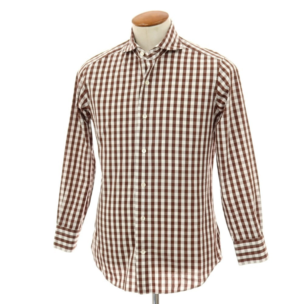 【中古】ジャンネット giannetto コットン ギンガムチェック ホリゾンタルカラー ドレスシャツ ブラウンxホワイト【 39 】【 状態ランクC 】【 メンズ 】