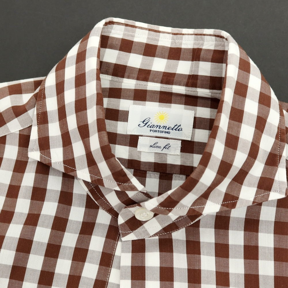 【中古】ジャンネット giannetto コットン ギンガムチェック ホリゾンタルカラー ドレスシャツ ブラウンxホワイト【 39 】【 状態ランクC 】【 メンズ 】