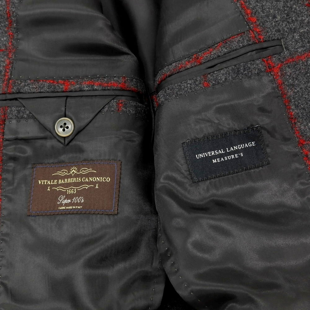 【中古】ユニバーサルランゲージ UNIVERSAL LANGUAGE ウール チェック スリーピース 2つボタンスーツ ダークグレーxレッド【 JK48/VE44/PT76 】【 状態ランクA 】【 メンズ 】