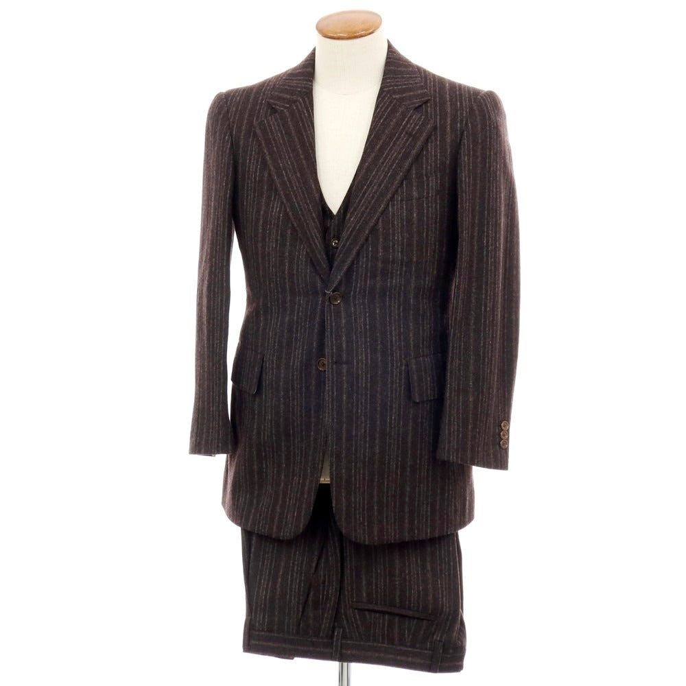 【中古】バセットウォーカー BASSETT WALKER ウール ストライプ スリーピース 2つボタンスーツ ダークブラウンxブラック【 46 】【 状態ランクC 】【 メンズ 】
