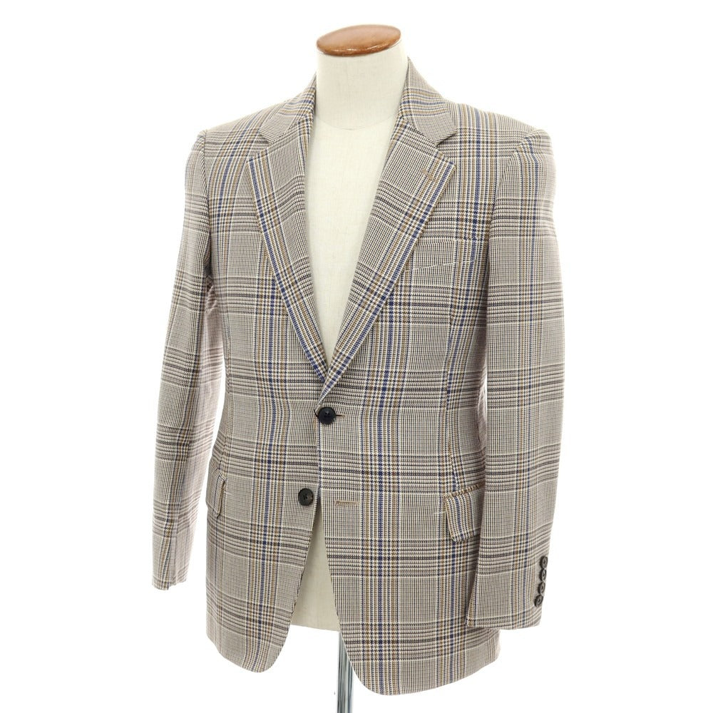 【中古】【未使用】トゥモローランド TOMORROWLAND PILGRIM コットン チェック 2B テーラードジャケット ブラウンxロイヤルブルー【サイズ46】【 状態ランクS 】【 メンズ 】