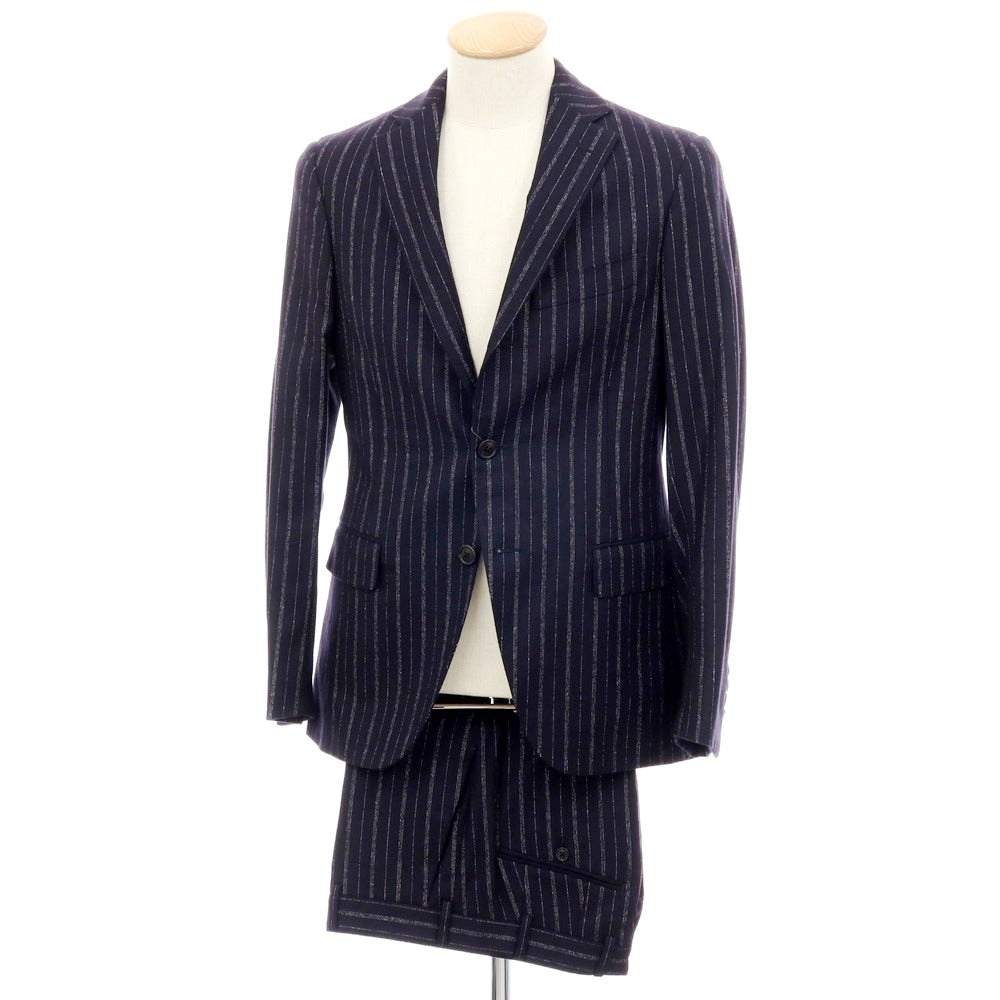 【中古】ベルベスト Belvest ウール ストライプ 3つボタンスーツ ダークネイビーxホワイト【 サイズ44 】【 状態ランクB 】【 メンズ 】 [APD]
