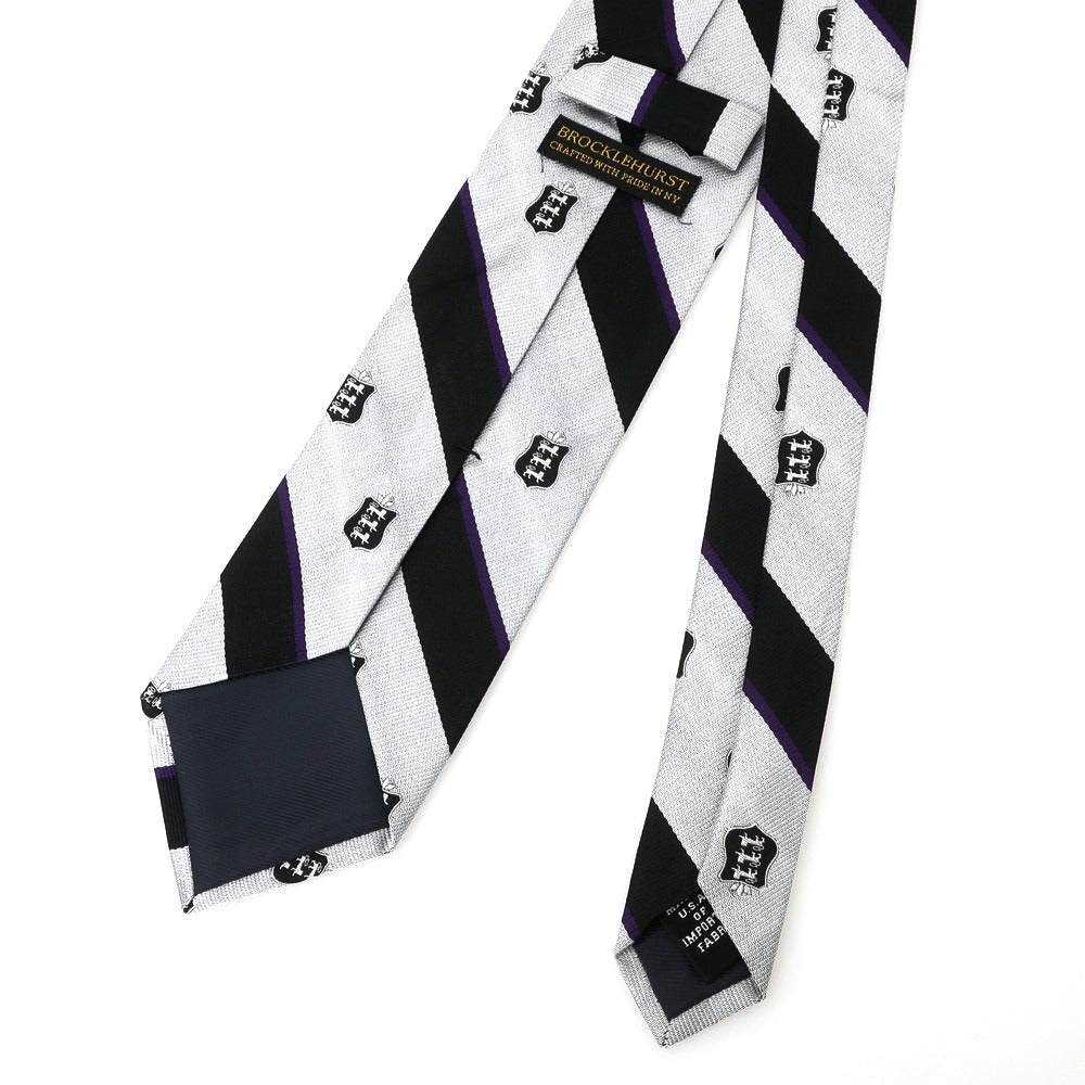 【中古】ブロックルハースト BROCKLEHURST クレスト シルク ストライプ柄ネクタイ シルバーxブラック系【 状態ランクB 】【 メンズ 】 [APD]