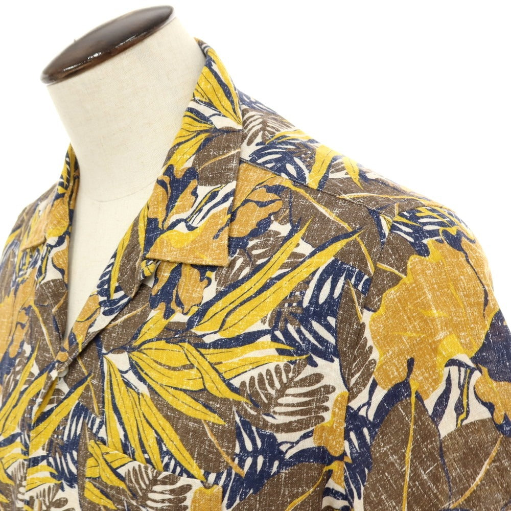 【中古】フィナモレ Finamore コットンリネン リーフ柄 プリント オープンカラー 半袖シャツ イエローxブラウン【サイズL】【 状態ランクB 】【 メンズ 】