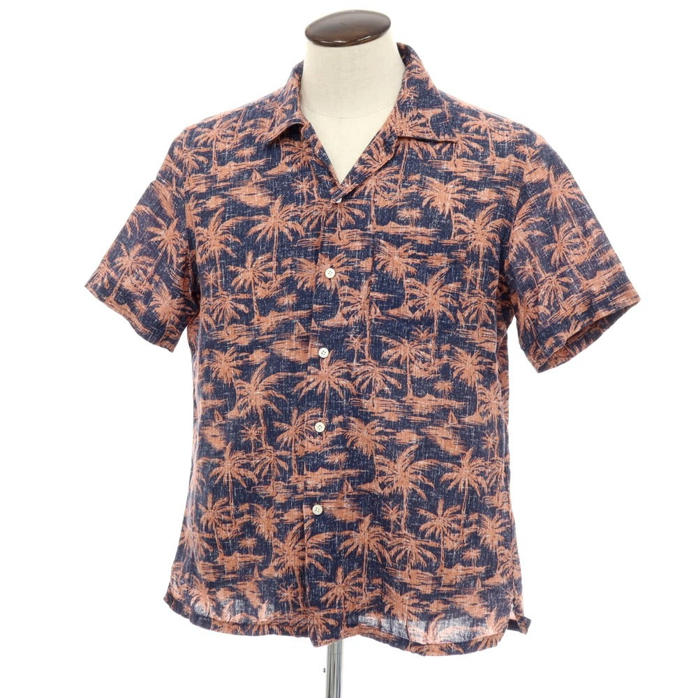 【中古】フィナモレ Finamore コットン系 ヤシの木柄 プリント オープンカラー 半袖シャツ ネイビーxピンク【サイズL】【 状態ランクB 】【 メンズ 】