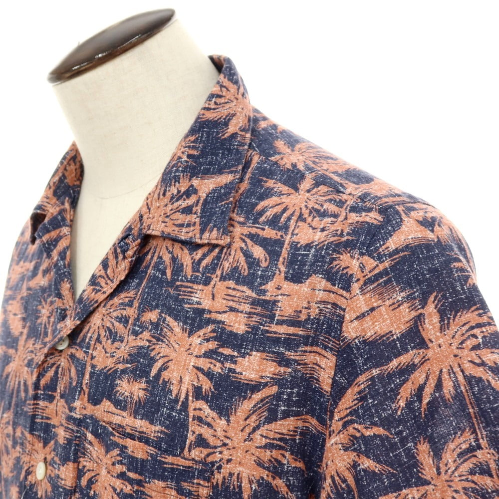 【中古】フィナモレ Finamore コットン系 ヤシの木柄 プリント オープンカラー 半袖シャツ ネイビーxピンク【サイズL】【 状態ランクB 】【 メンズ 】