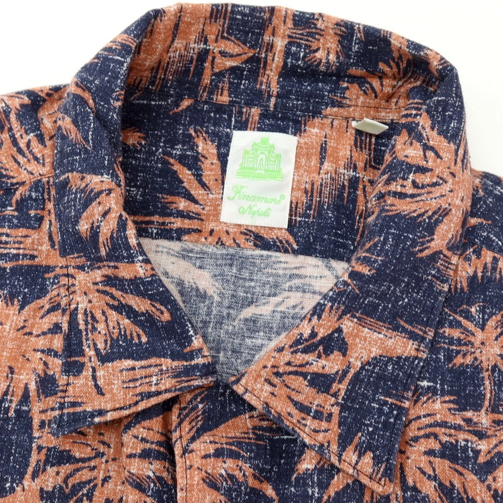 【中古】フィナモレ Finamore コットン系 ヤシの木柄 プリント オープンカラー 半袖シャツ ネイビーxピンク【サイズL】【 状態ランクB 】【 メンズ 】