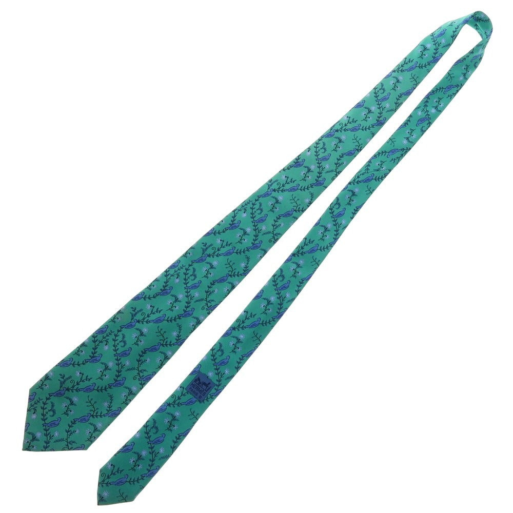 【中古】エルメス HERMES シルク プリントネクタイ グリーン【 状態ランクC 】【 メンズ 】