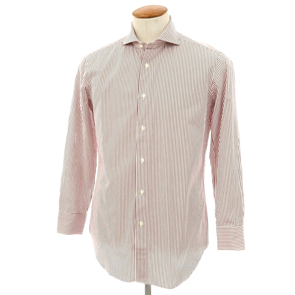 【中古】メイカーズシャツ カマクラ Makers Shirt 鎌倉 コットン ストライプ ドレスシャツ ホワイトxダークレッド【 サイズ39 】【 状態ランクB 】【 メンズ 】 [APD]