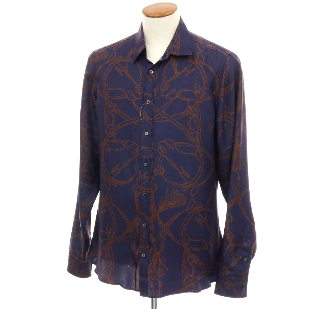 【中古】グッチ GUCCI シルク ホース プリント レギュラーカラー カジュアルシャツ ネイビーxブラウン【サイズ40】【 状態ランクC 】【 メンズ 】