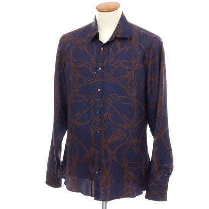 【中古】グッチ GUCCI シルク ホース プリント レギュラーカラー カジュアルシャツ ネイビーxブラウン【サイズ40】【 状態ランクC 】【 メンズ 】