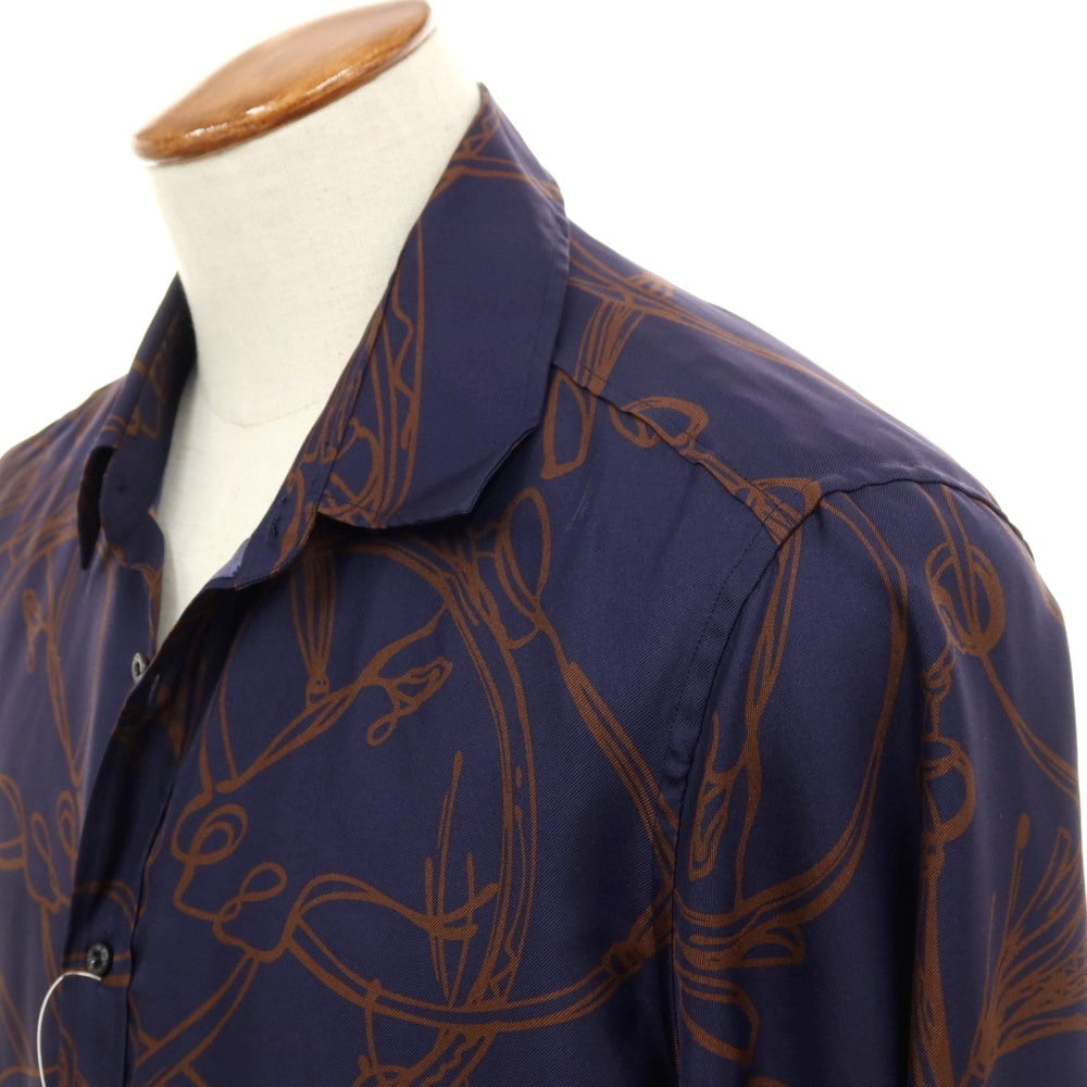 【中古】グッチ GUCCI シルク ホース プリント レギュラーカラー カジュアルシャツ ネイビーxブラウン【サイズ40】【 状態ランクC 】【 メンズ 】