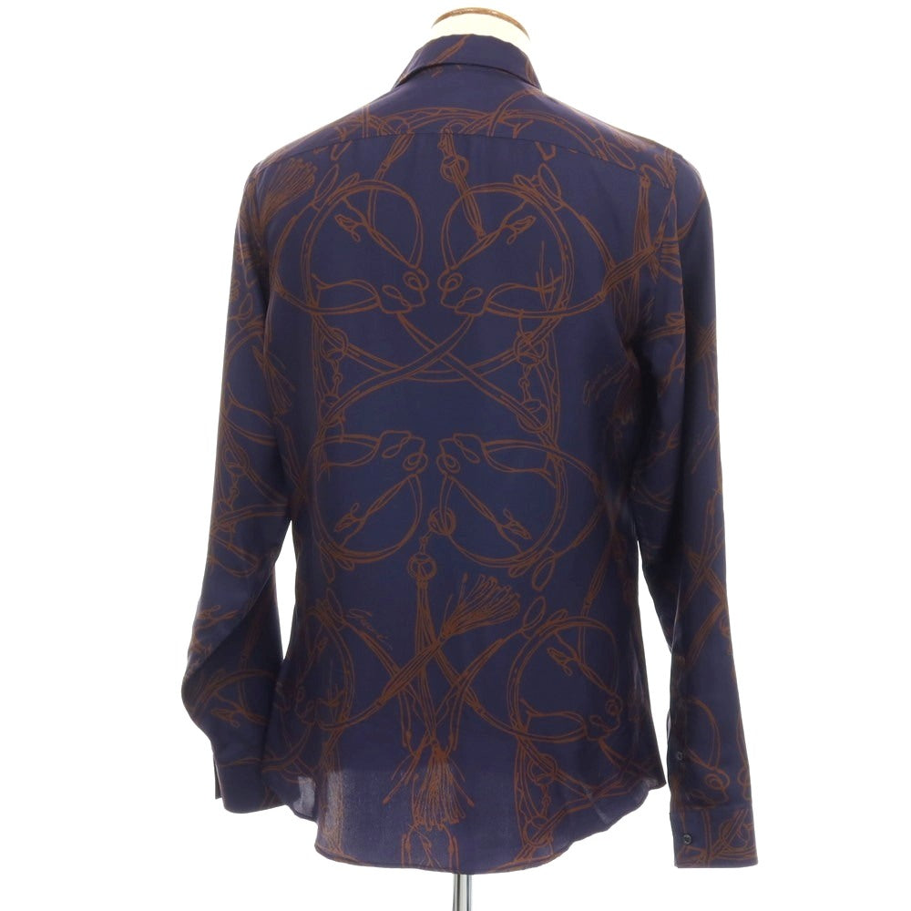 【中古】グッチ GUCCI シルク ホース プリント レギュラーカラー カジュアルシャツ ネイビーxブラウン【サイズ40】【 状態ランクC 】【 メンズ 】