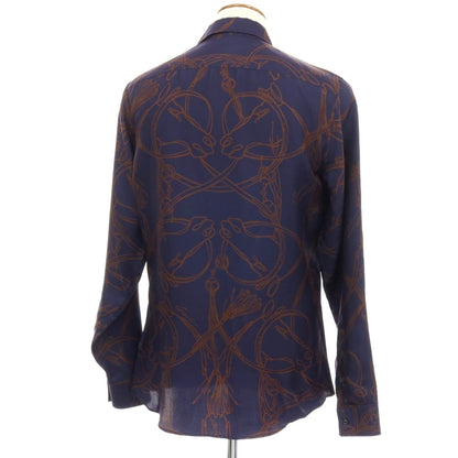 【中古】グッチ GUCCI シルク ホース プリント レギュラーカラー カジュアルシャツ ネイビーxブラウン【サイズ40】【 状態ランクC 】【 メンズ 】