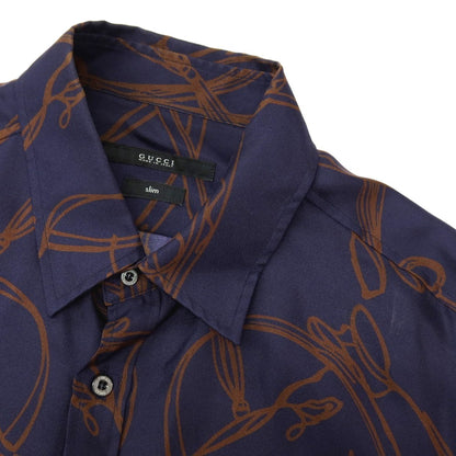 【中古】グッチ GUCCI シルク ホース プリント レギュラーカラー カジュアルシャツ ネイビーxブラウン【サイズ40】【 状態ランクC 】【 メンズ 】