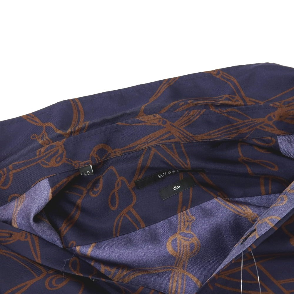 【中古】グッチ GUCCI シルク ホース プリント レギュラーカラー カジュアルシャツ ネイビーxブラウン【サイズ40】【 状態ランクC 】【 メンズ 】