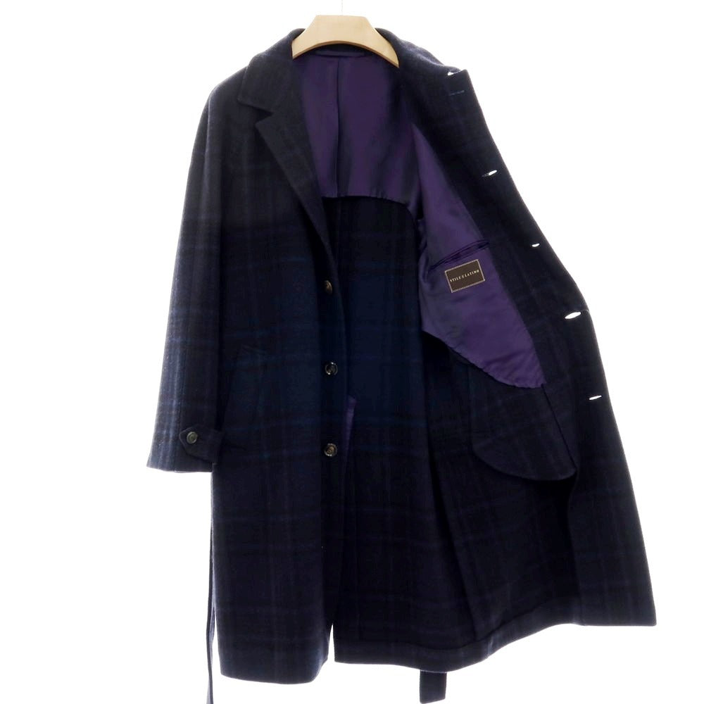 【中古】スティレ ラティーノ STILE LATINO ウールカシミヤ チェック ステンカラーコート ブラックxネイビー【 46 】【 状態ランクB 】【 メンズ 】