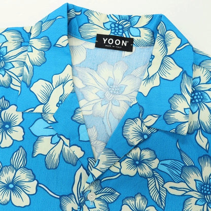 【中古】ヨーン ユーン ユン YOON コットン フラワー プリント オープンカラー 半袖シャツ ブルーxホワイト【サイズ48】【 状態ランクB 】【 メンズ 】
