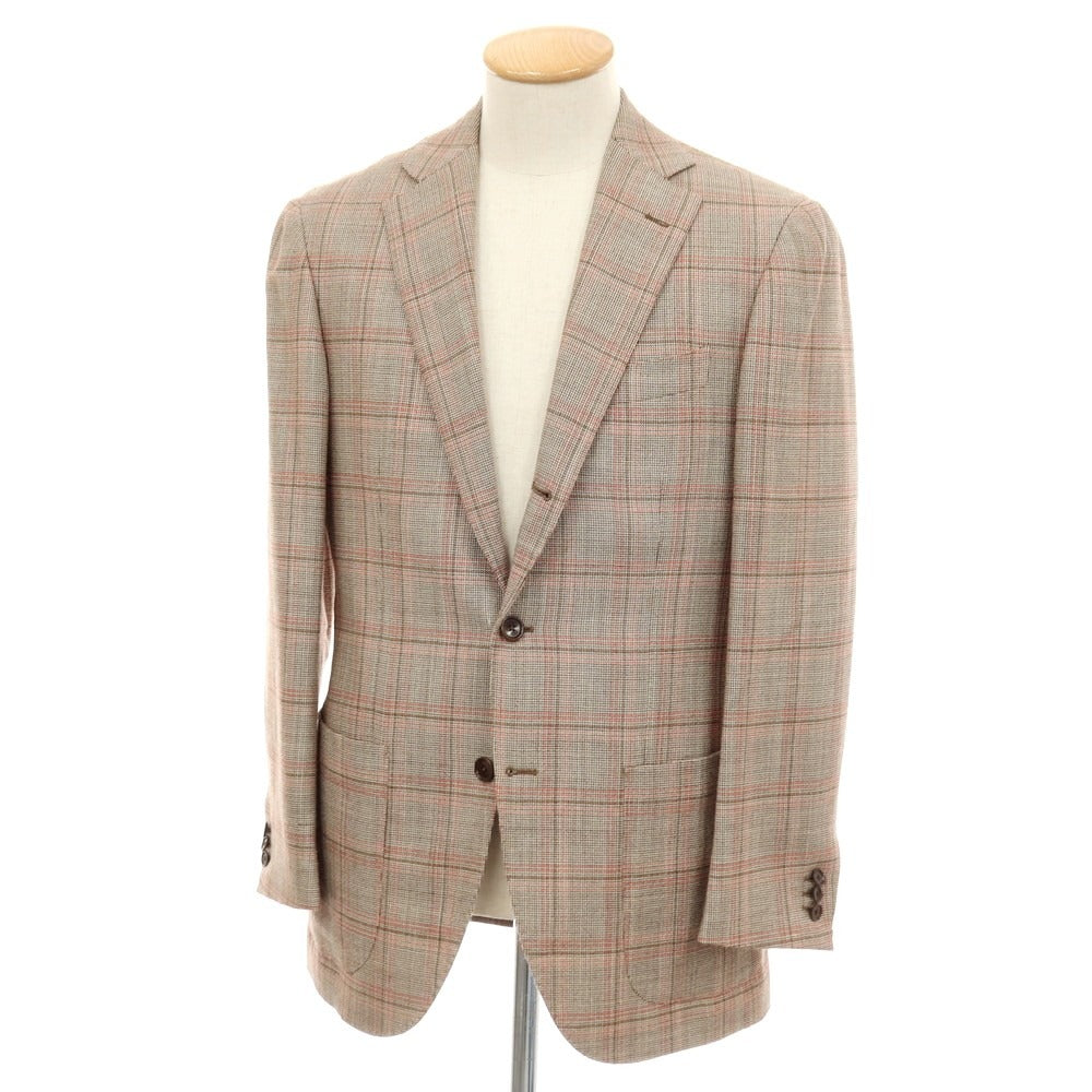 【中古】ビームスエフ BEAMS F シルクウールモヘア チェック テーラードジャケット ブラウンxピンク【サイズ93】【 状態ランクB 】【 メンズ 】