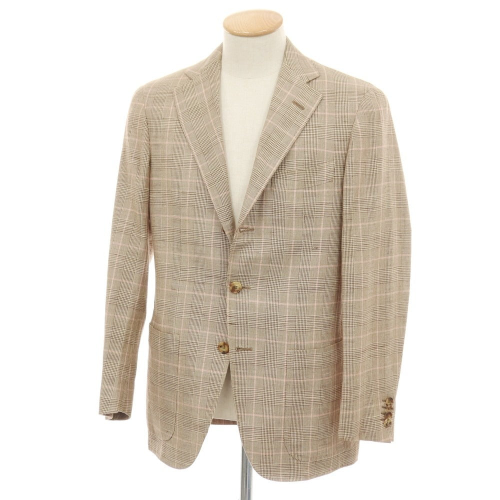 【中古】ラファエル カルーゾ CARUSO Raffaele Caruso コットンシルクリネン チェック テーラードジャケット ブラウンxピンク【サイズ44】【 状態ランクD 】【 メンズ 】[CPD]