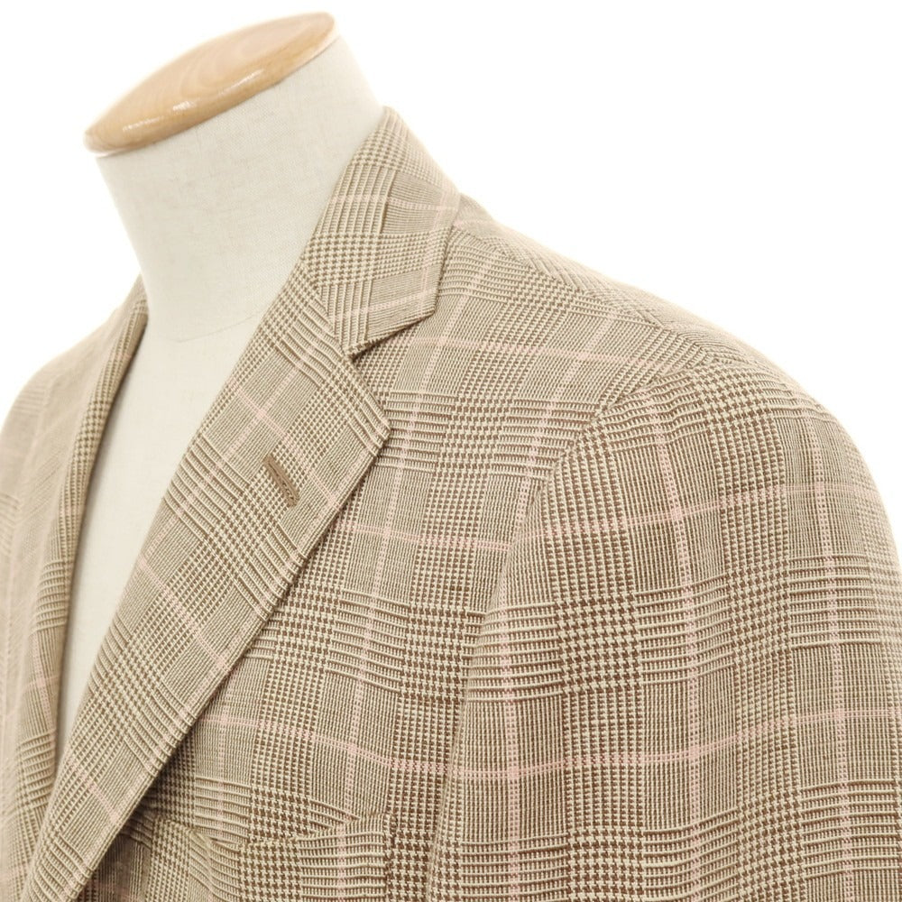 【中古】ラファエル カルーゾ CARUSO Raffaele Caruso コットンシルクリネン チェック テーラードジャケット ブラウンxピンク【サイズ44】【 状態ランクD 】【 メンズ 】[CPD]