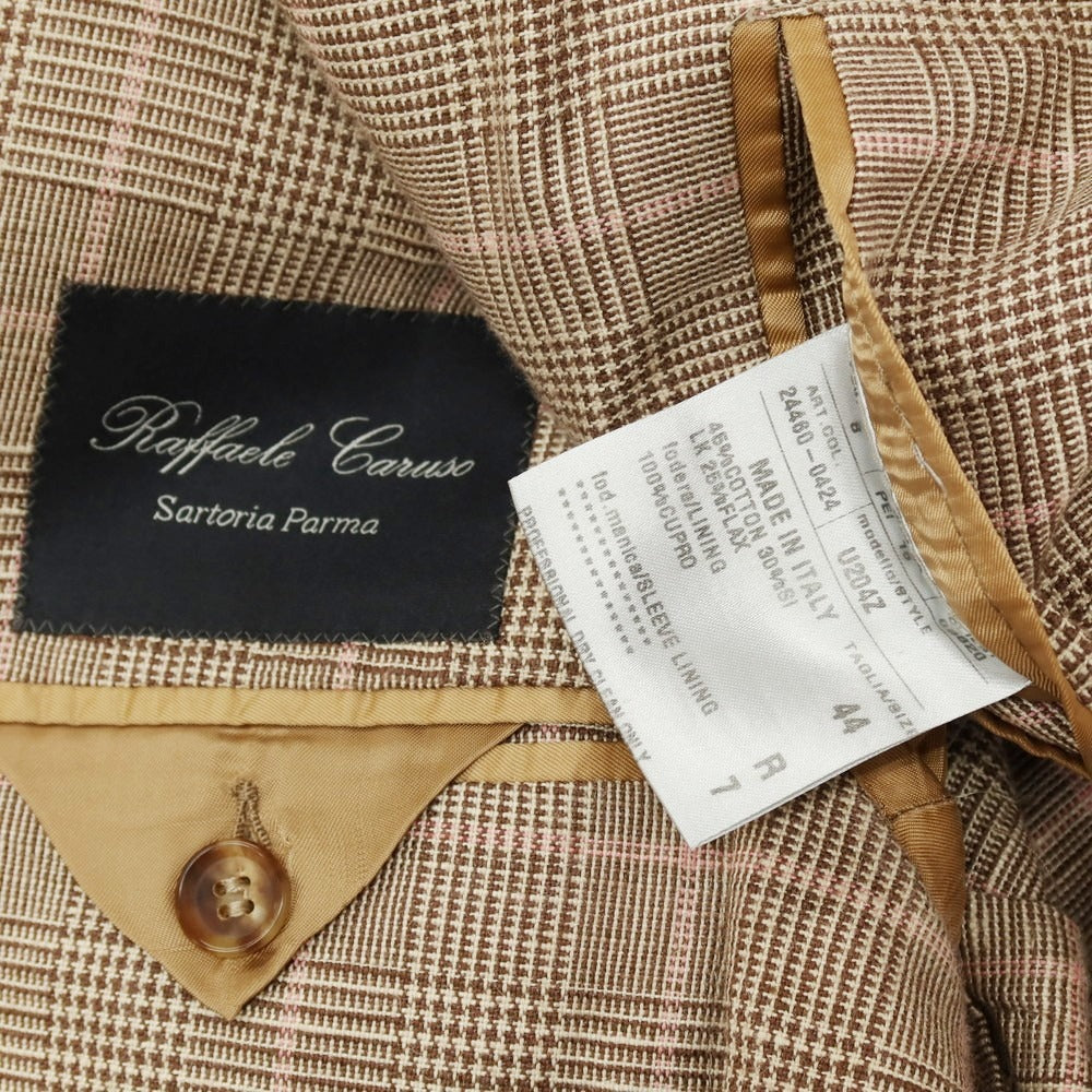 【中古】ラファエル カルーゾ CARUSO Raffaele Caruso コットンシルクリネン チェック テーラードジャケット ブラウンxピンク【サイズ44】【 状態ランクD 】【 メンズ 】[CPD]
