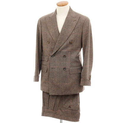 【中古】【未使用】パイデア PAIDEIA ウール チェック ダブルスーツ グレイッシュブラウン系xオレンジ系【 46 】【 状態ランクS 】【 メンズ 】