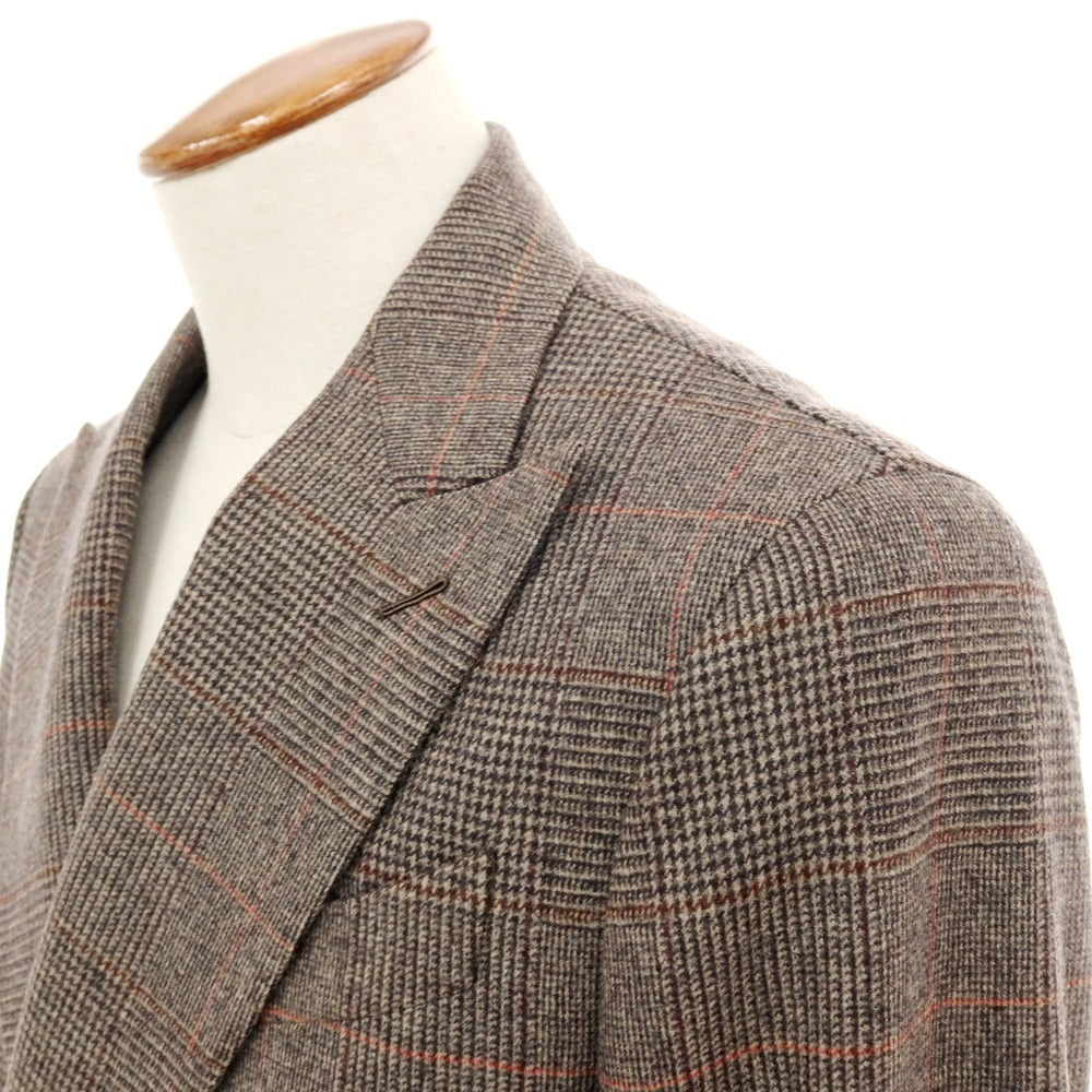 【中古】【未使用】パイデア PAIDEIA ウール チェック ダブルスーツ グレイッシュブラウン系xオレンジ系【 46 】【 状態ランクS 】【 メンズ 】
