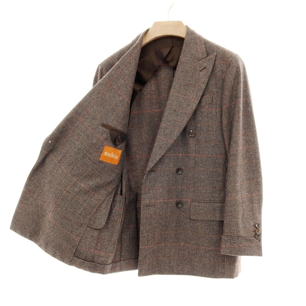 【中古】【未使用】パイデア PAIDEIA ウール チェック ダブルスーツ グレイッシュブラウン系xオレンジ系【 サイズ46 】【 状態ランクS 】【 メンズ 】 [APD]