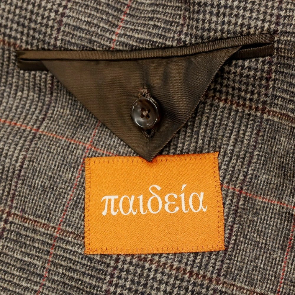 【中古】【未使用】パイデア PAIDEIA ウール チェック ダブルスーツ グレイッシュブラウン系xオレンジ系【 サイズ46 】【 状態ランクS 】【 メンズ 】 [APD]