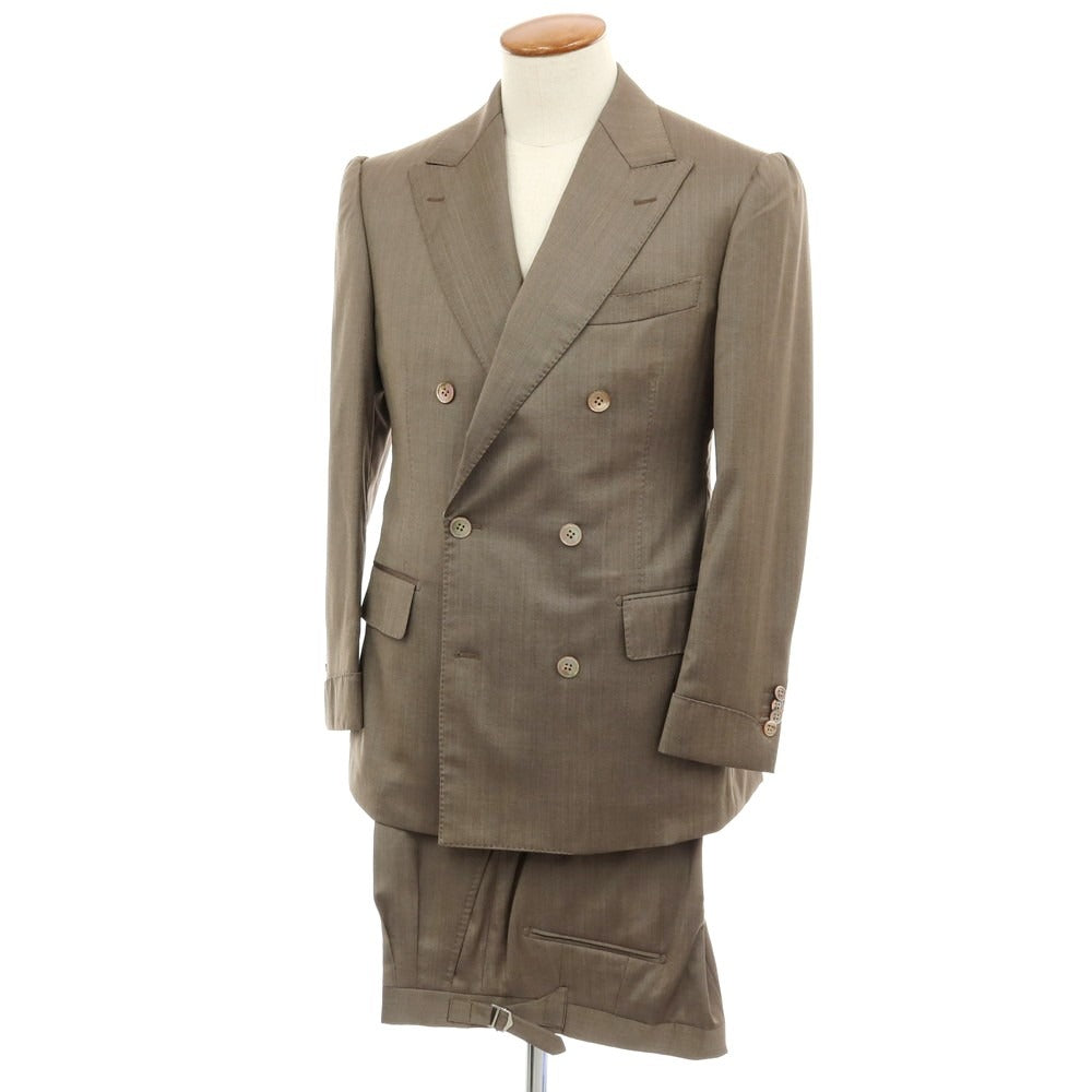 【中古】ユニバーサルランゲージ UNIVERSAL LANGUAGE ウールシルク ヘリンボーン 6B ダブルスーツ ブラウン【サイズ48】【 状態ランクA 】【 メンズ 】