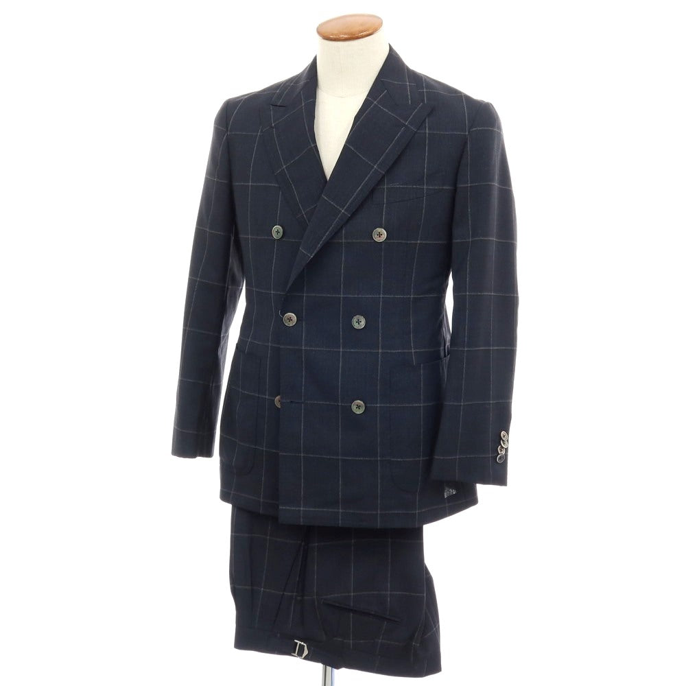【中古】ユニバーサルランゲージ UNIVERSAL LANGUAGE ウール チェック 6B ダブルスーツ ネイビー【サイズ46】【 状態ランクA 】【 メンズ 】