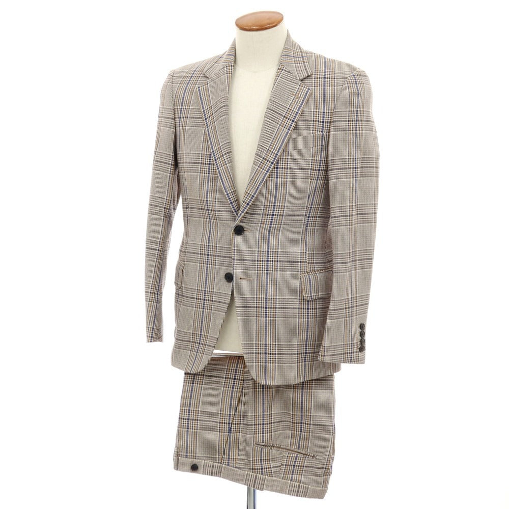 【中古】トゥモローランド TOMORROWLAND PILGRIM コットン チェック 2つボタンスーツ ブラウンxネイビー【サイズ46】【 状態ランクC 】【 メンズ 】