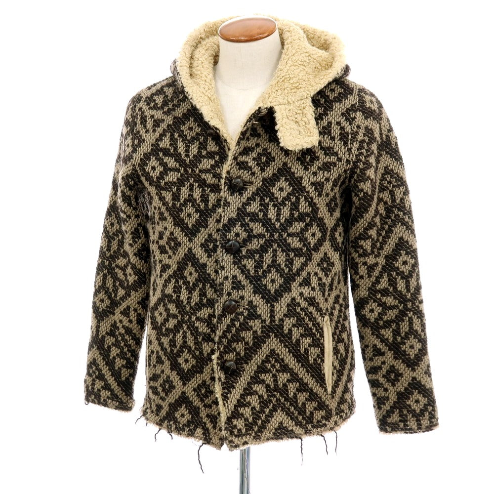 【中古】ヌール noue-rue ウール 裏ボア フーデッド ニットブルゾン ブラウンxベージュ【 46 】【 状態ランクC 】【 メンズ 】
